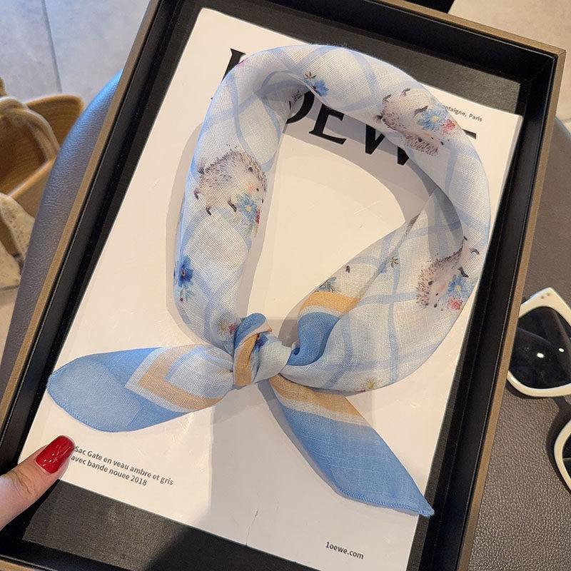 捧花小刺猬棉麻58小方巾唯美百搭旅游防晒包头巾时尚护颈领巾春夏