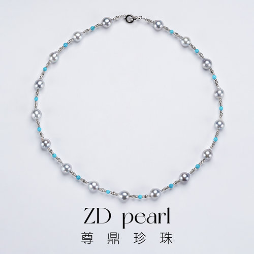 尊鼎珍珠-《星晴》S925银海水珍珠真多麻色绿松项链-8-9mm-ZD