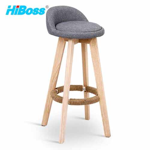 HiBoss实木脚旋转吧台椅家用简约高脚凳前台收银椅洽谈椅灰色布艺