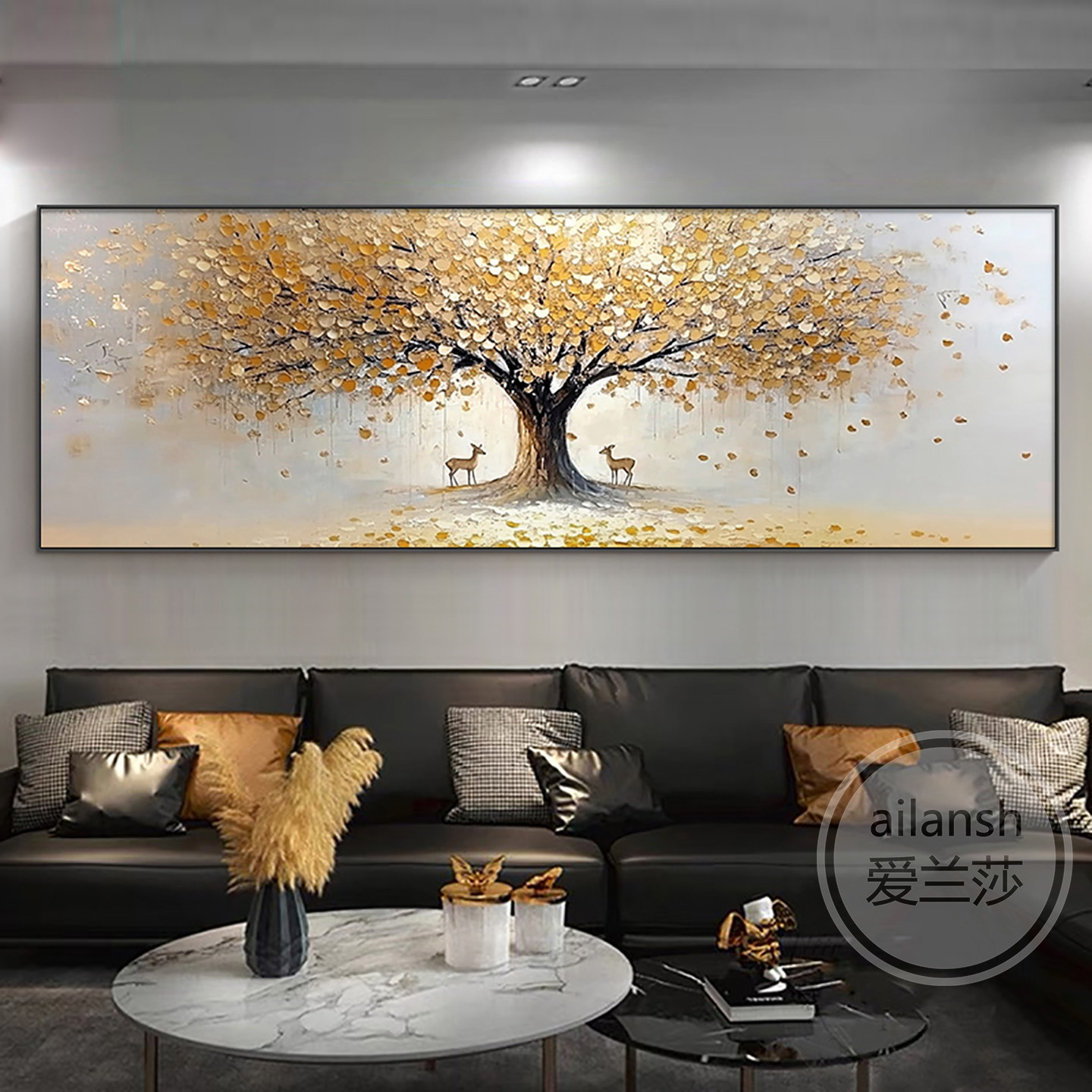 轻奢金色发财树油画客厅挂画大芬村纯手绘装饰画横幅沙发背景墙画