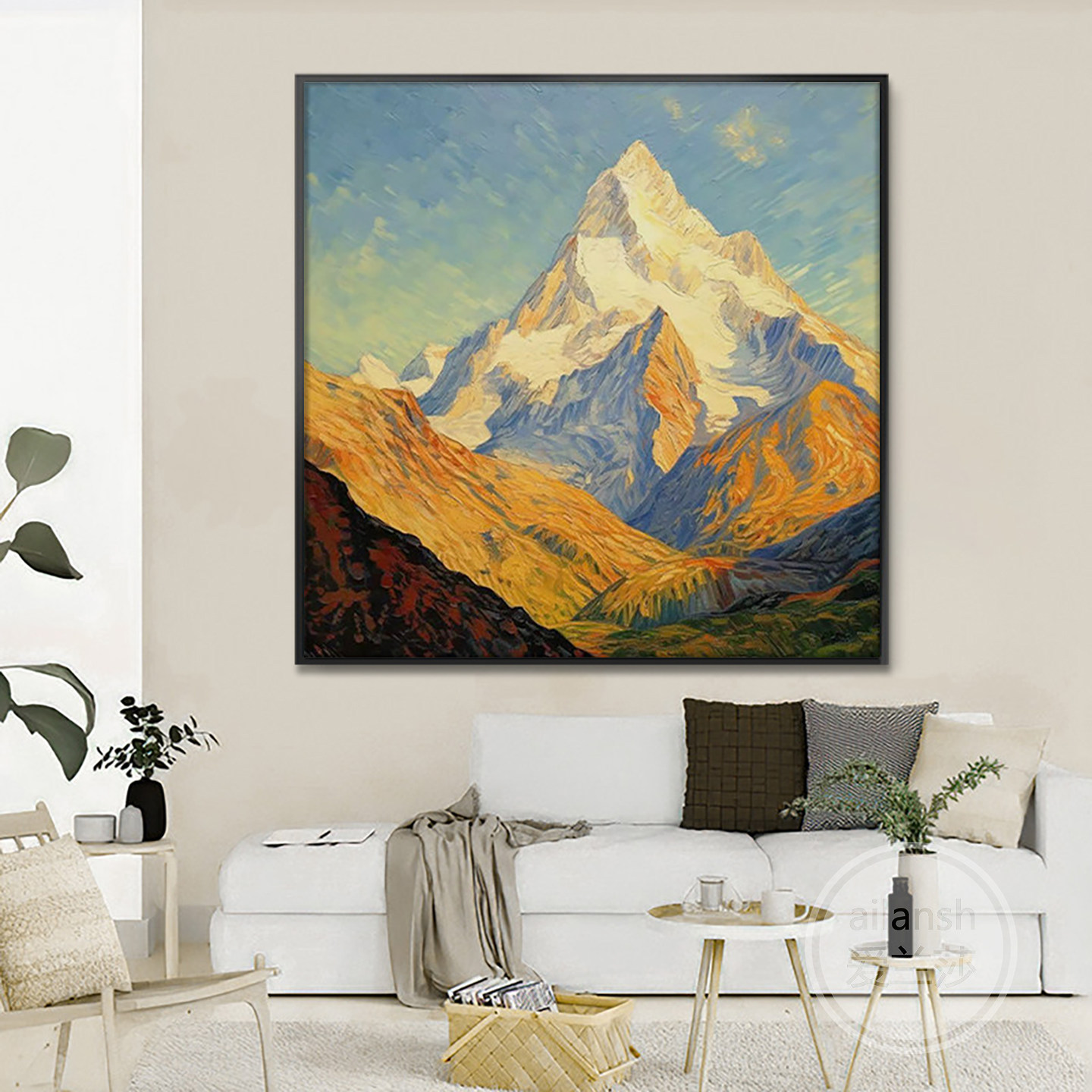 日照金山图抽象肌理手绘油画客厅装饰画梵高风格群山风景玄关挂画