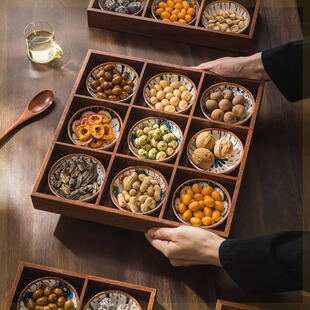 复古色九宫格家用木质托盘四宫格零食干果盘高档茶室会所点心拼盘