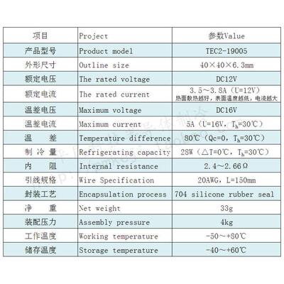 232307105美容仪器设备散热降温常用妍东8.4V5A制冷片TES1-07105