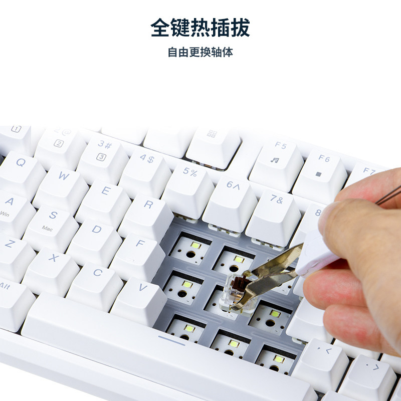 R87茶青轴机械键盘 白色银轴热插拔有线RGB冰蓝光 游戏办公87键电