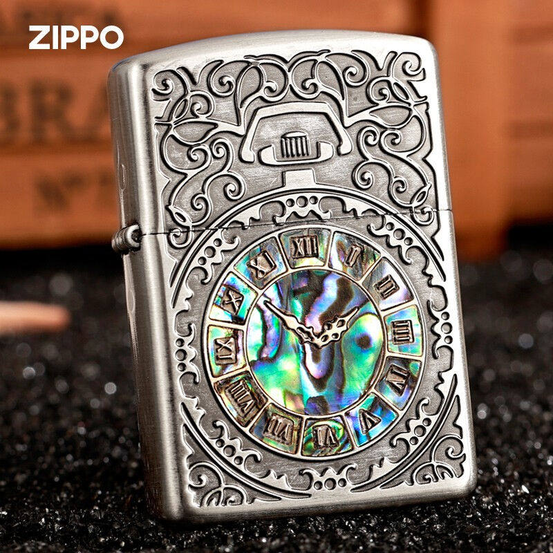 zippo煤油打火机之宝黄铜盔甲复古彩贝镶嵌怀表古银贝壳怀表时钟z