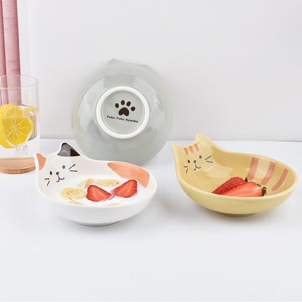 日式可爱猫咪造型沙拉碗陶瓷创意猫脸甜品小碗干果家用儿童碗餐具