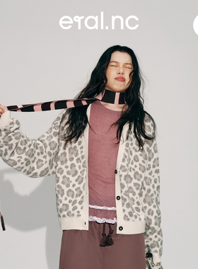 eral nc星迹002都市通勤豹纹斑点V领开衫女生加厚宽松时尚毛衣