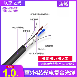 光电复合光缆单模室外4 1.5平方纯铜电源线光纤单模光纤跳线 12芯4芯复合光缆电源线RVV2