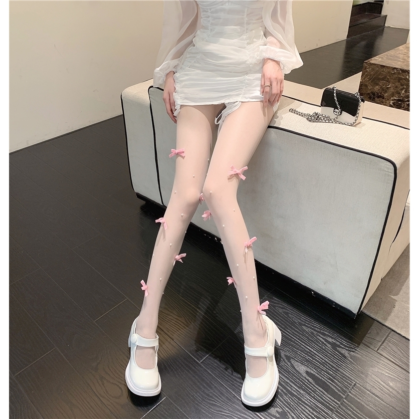夜店酒吧网红甜美个性小众纯欲奶白丝袜粉蝴蝶结珍珠连裤袜防勾丝