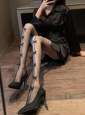 性感丝袜镂空蕾丝黑色蝴蝶结渔网袜外穿连脚袜秋季ins袜子多蝴蝶