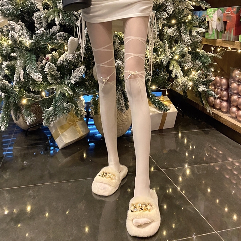 夜店绑带蝴蝶结暗黑丝袜女薄款连裤袜春秋新款日系白色拼接袜子