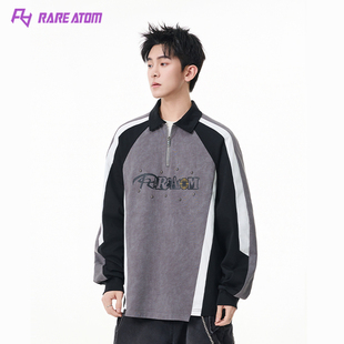 RARE ATOM官方潮酷做旧拼接长袖POLO男 复古拉链字母铆钉街头上衣