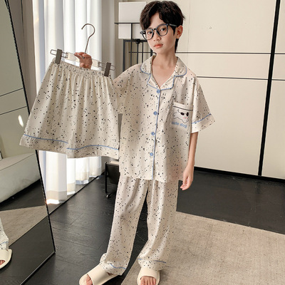全棉纯棉冰丝睡衣男孩夏季短袖三件套中大童空调服2026新款家居服 — 7