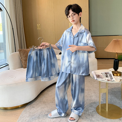 全棉纯棉冰丝睡衣男孩夏季短袖三件套中大童空调服2026新款家居服 — 3