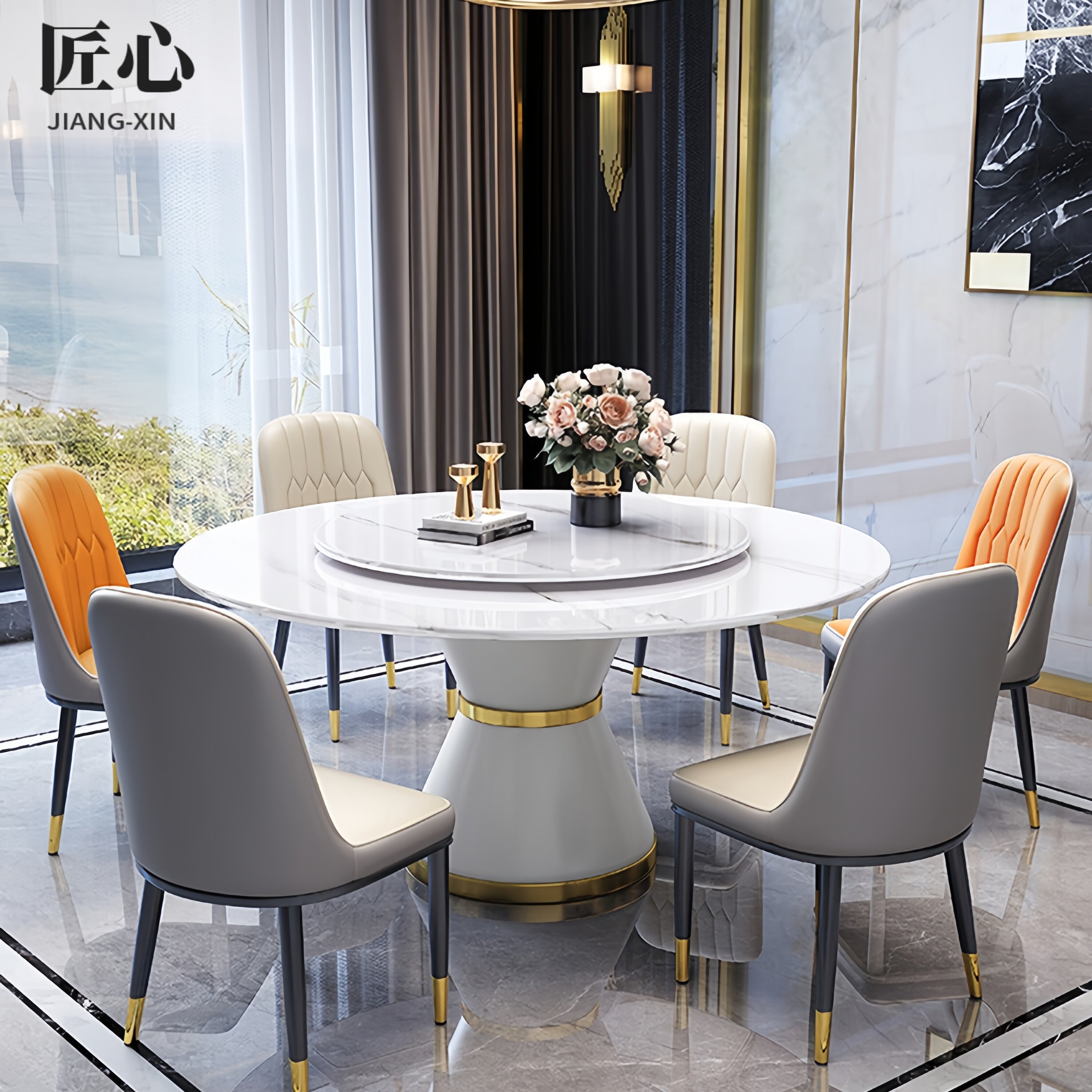 轻奢岩板餐桌椅组合家用小户型大理石圆桌现代简约圆形带转盘饭桌,住宅家具,岩板餐桌,淘宝优惠券,粉丝福利购,淘宝优惠卷