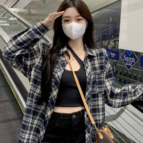春秋格子衬衫设计宽松慵懒上衣休闲长袖新款开衫衬衣复古防晒外套