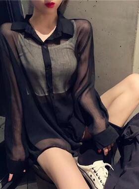 百搭冰丝防晒衣女2024夏季新款黑色雪纺防晒衬衫宽松薄款开衫外套