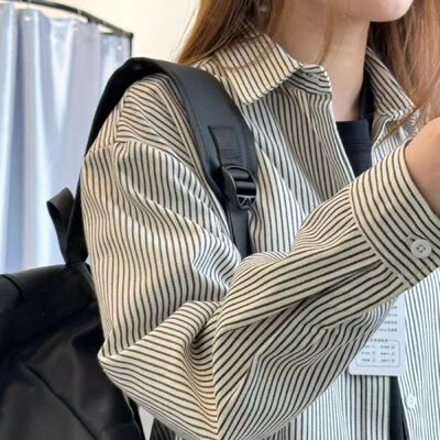 高级感小众设计条纹衬衫女春秋内搭叠穿衬衣休闲百搭POLO上衣外套