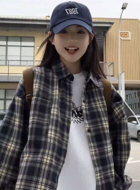 复古格子长袖衬衫女ins春秋季韩版宽松衬衣百搭宽松休闲外套上衣