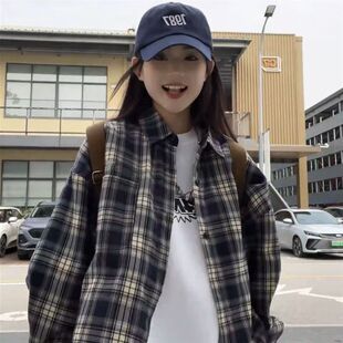 复古格子长袖衬衫女ins春秋季韩版宽松衬衣百搭宽松休闲外套上衣