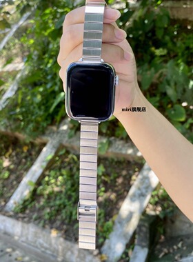 适用苹果手表s7表带金属钢带S7不锈钢applewatch细款iwatch6SE5男女 细款一株银色+银色电镀壳 44mm