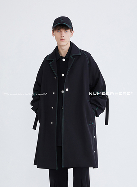 NUMBER HERE秋冬季长款绑带黑绿撞色风衣外套大衣男女款NH14D073