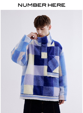NUMBER HERE秋冬季羊毛撞色格纹卫衣夹克外套男女款NH24Q038
