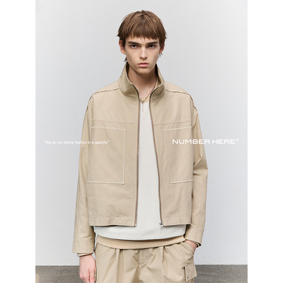 NUMBER HERE 日本进口四线格面料短版宽松拉链男士休闲夹克衫外套
