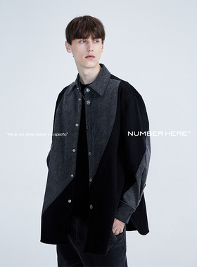 NUMBER HERE牛仔拼接撞色宽松长袖衬衫外套男女同款NH14C071
