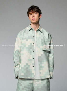 NUMBER HERE 日本进口面料德国纽扣印花斜纹迷彩棋盘格纹长袖衬衫
