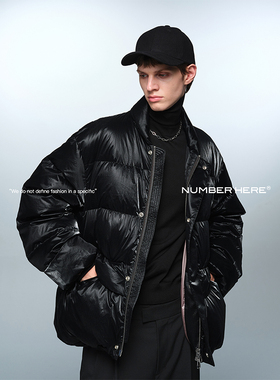NH 光泽感暗格纹面料翻折领羽绒服夹克外套男女款23400117187