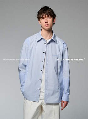 NUMBER HERE 日本进口色织条纹面料对称拼接工艺休闲翻领长袖衬衫