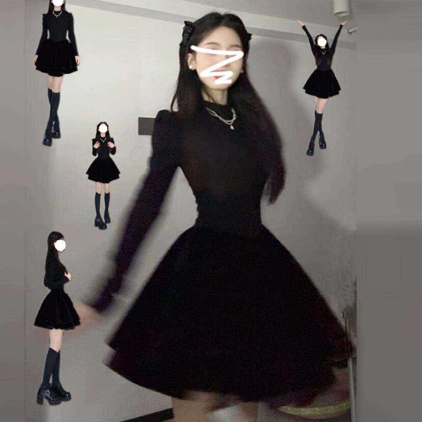 高级感法式气质黑色针织连衣裙子女秋冬季2025新款小个子蓬蓬短裙