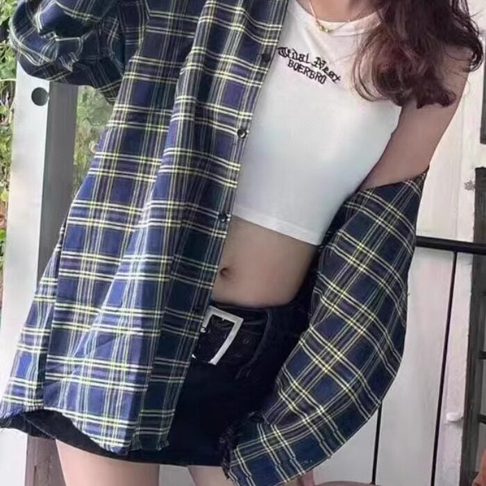 韩版复古格子衬衫女长袖薄款防晒衬衫