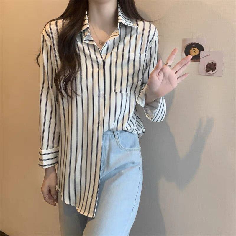 港风条纹长袖衬衫女秋季新款港味衬衫