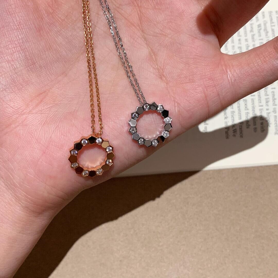 珠宝高级定制18K玫瑰金白金蜂巢花环隔钻天然钻石吊坠项链