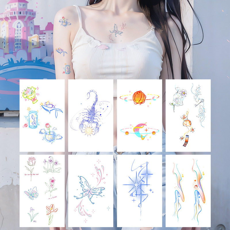 八张ins风仙女唯美彩色纹身贴防水女持久不反光小清新卡通可爱