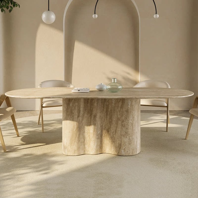 天然大理石洞石餐桌椭圆餐桌中古诧寂法式复古意式现代意式餐桌