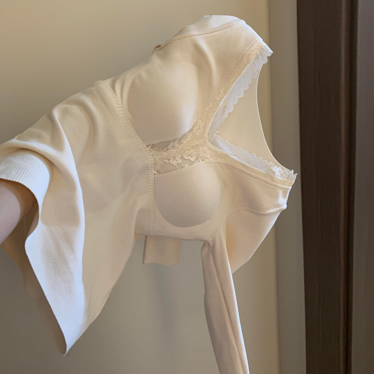 蕾丝V领带胸垫单件保暖内衣女