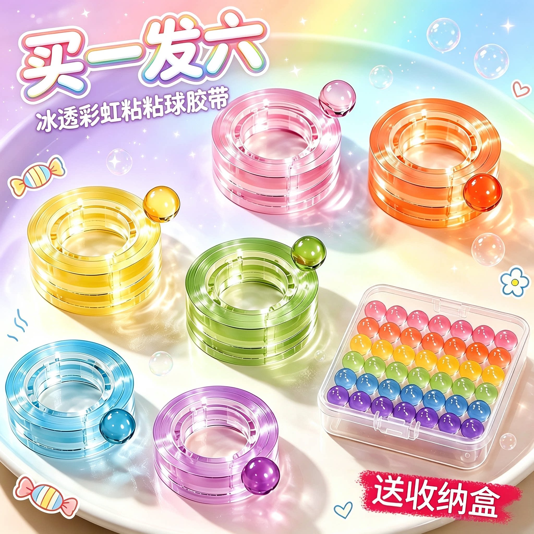 高颜值网红彩色粘粘球胶带儿童解压神器胶布粘粘球黏黏卷女孩玩具小红书冰闪透明学生解压手工沾沾马卡龙