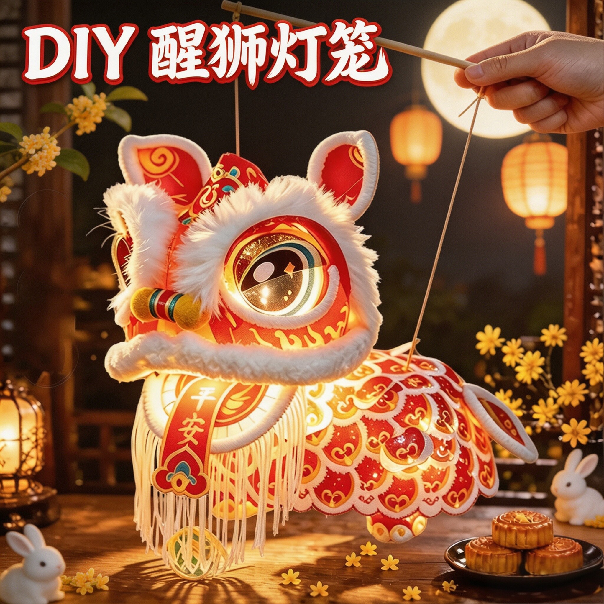 中秋节醒狮灯笼新款2026挂饰手工diy材料包儿童手提狮子花灯玩具