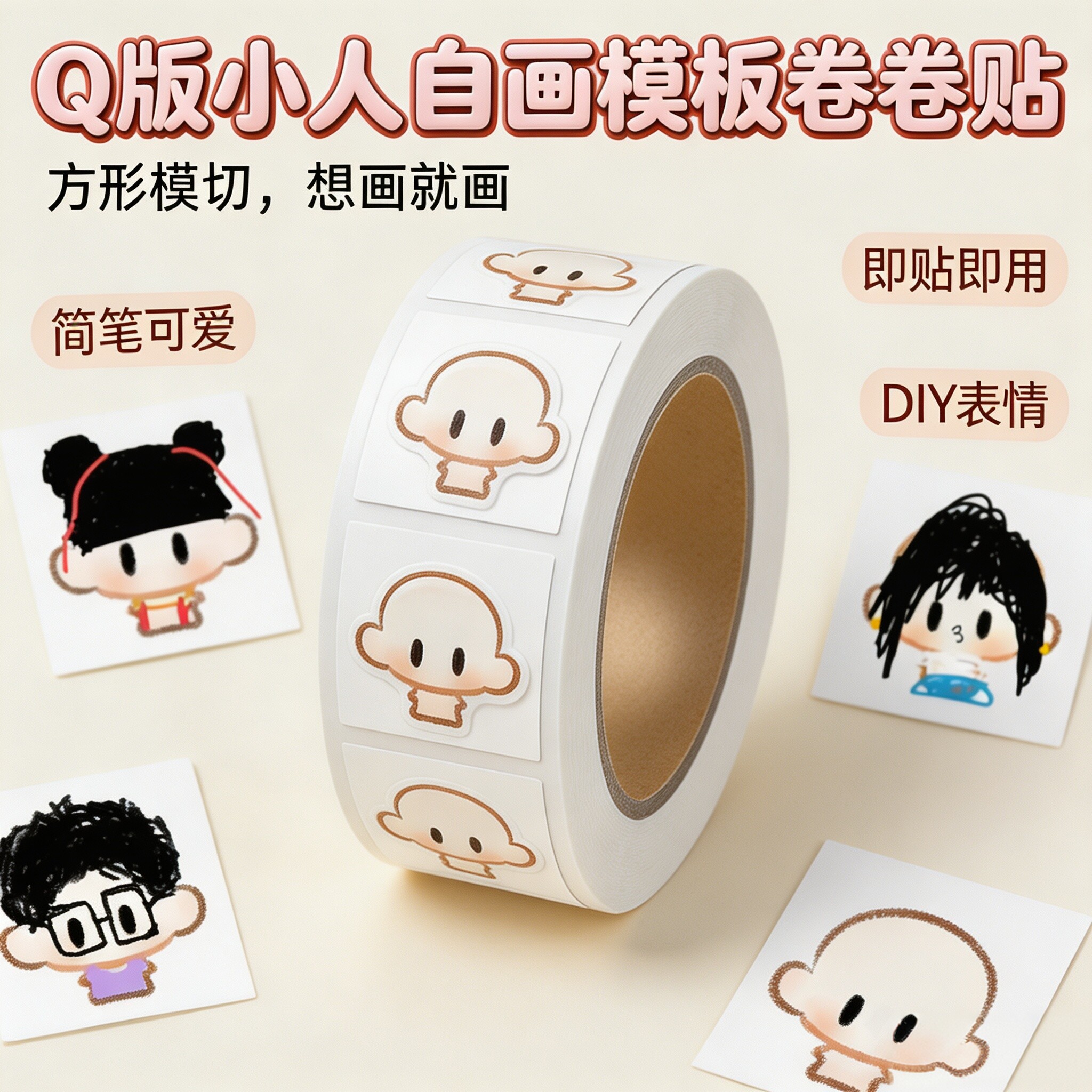 空白自画模板Q版小人物卷卷贴绘画DIY装饰卡通可爱简笔画线稿贴纸