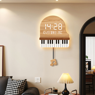 原木风钢琴挂钟客厅静音挂墙钟表数显电子时钟2025新款卡通万年历