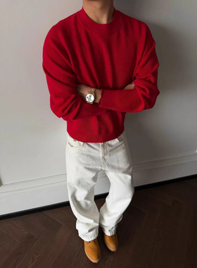 商鸟家conic红菱形暗纹45支双股羊毛混纺针织衫保暖毛衣纯色打底