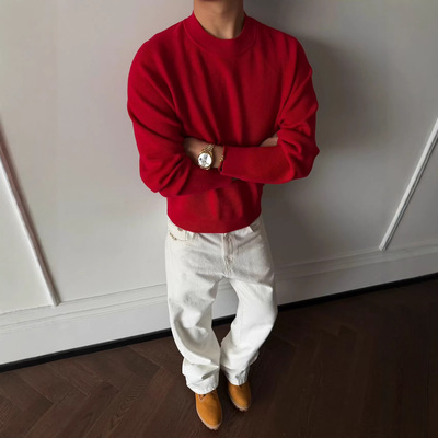 商鸟家conic红菱形暗纹45支双股羊毛混纺针织衫保暖毛衣纯色打底