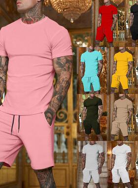 男士多色纯色外贸短裤短袖t恤运动套装男薄款夏季两件套可印logo