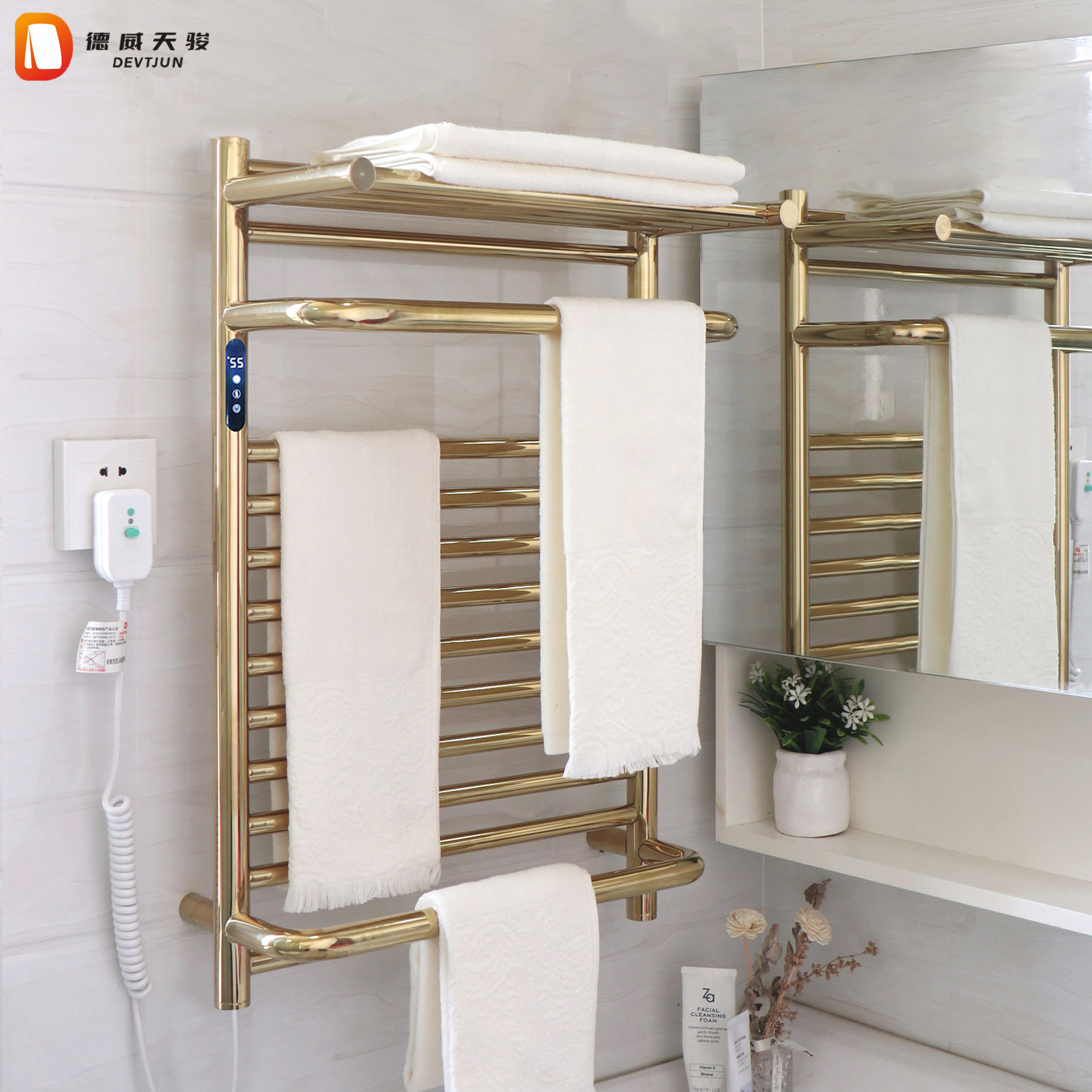 德威天骏电热毛巾架浴巾卫生间家用烘干碳纤维加热发拉丝金色