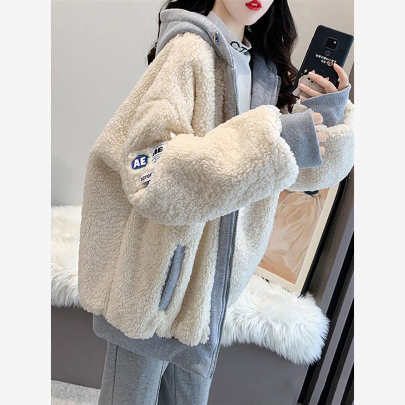2024年秋冬女绒衣加厚羔羊毛新款初中生小个子宽松开衫上衣