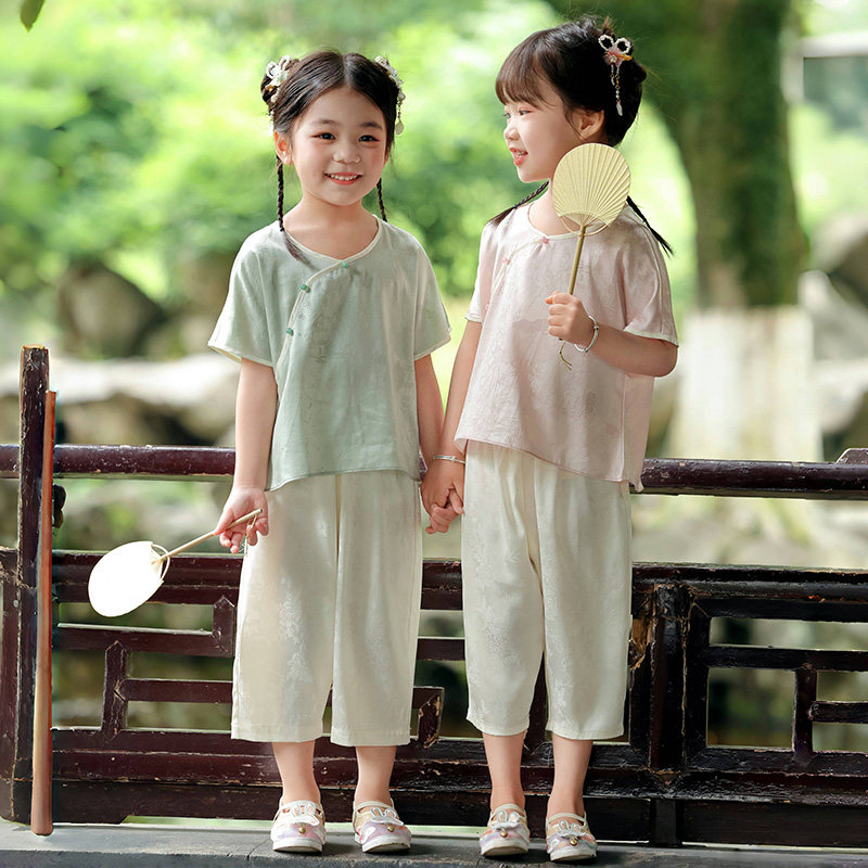 萌乎·凉夏 汉服女童高端真丝唐装中国风新中式夏季薄款两件套装图片