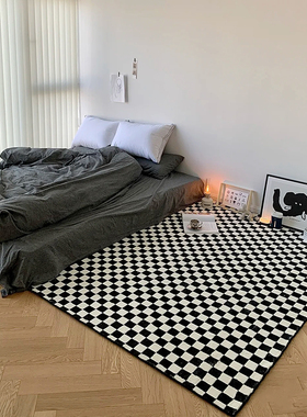 棋盘格地毯卧室床边毯少女绿色黑白格子ins风房间满铺客厅茶几垫